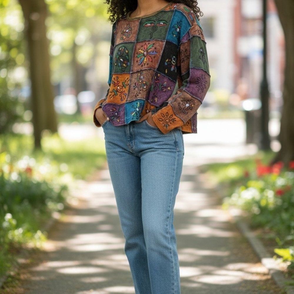 EUC Women's Bohemian Patchwork Top Sm. Pullover Festival Long Sleeves - Picture 2 of 9